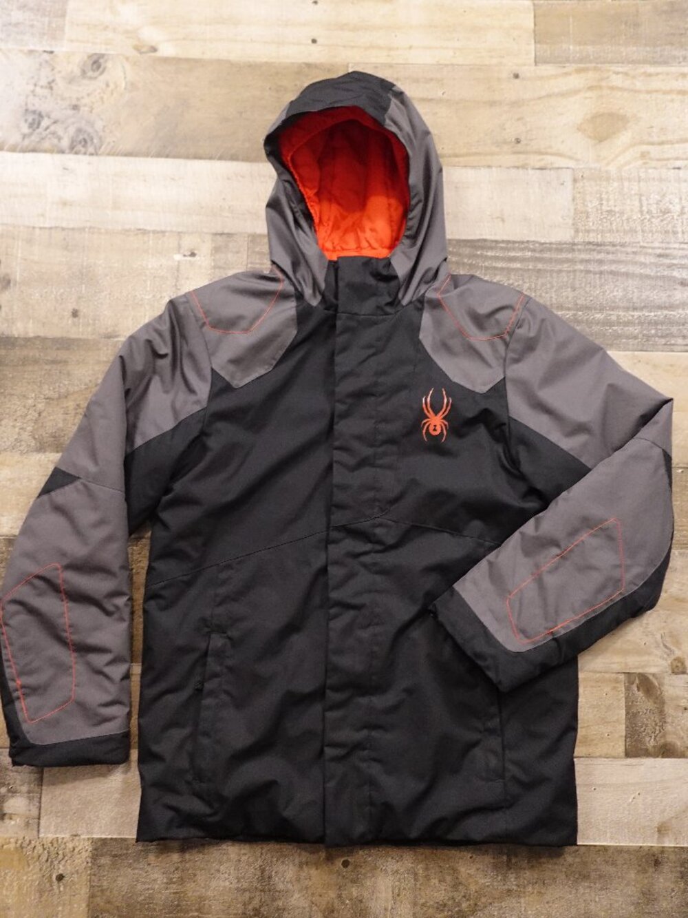 Spyder Insulated Ski Jacket Kids Size 14 Black Gray Orange Hooded Winter